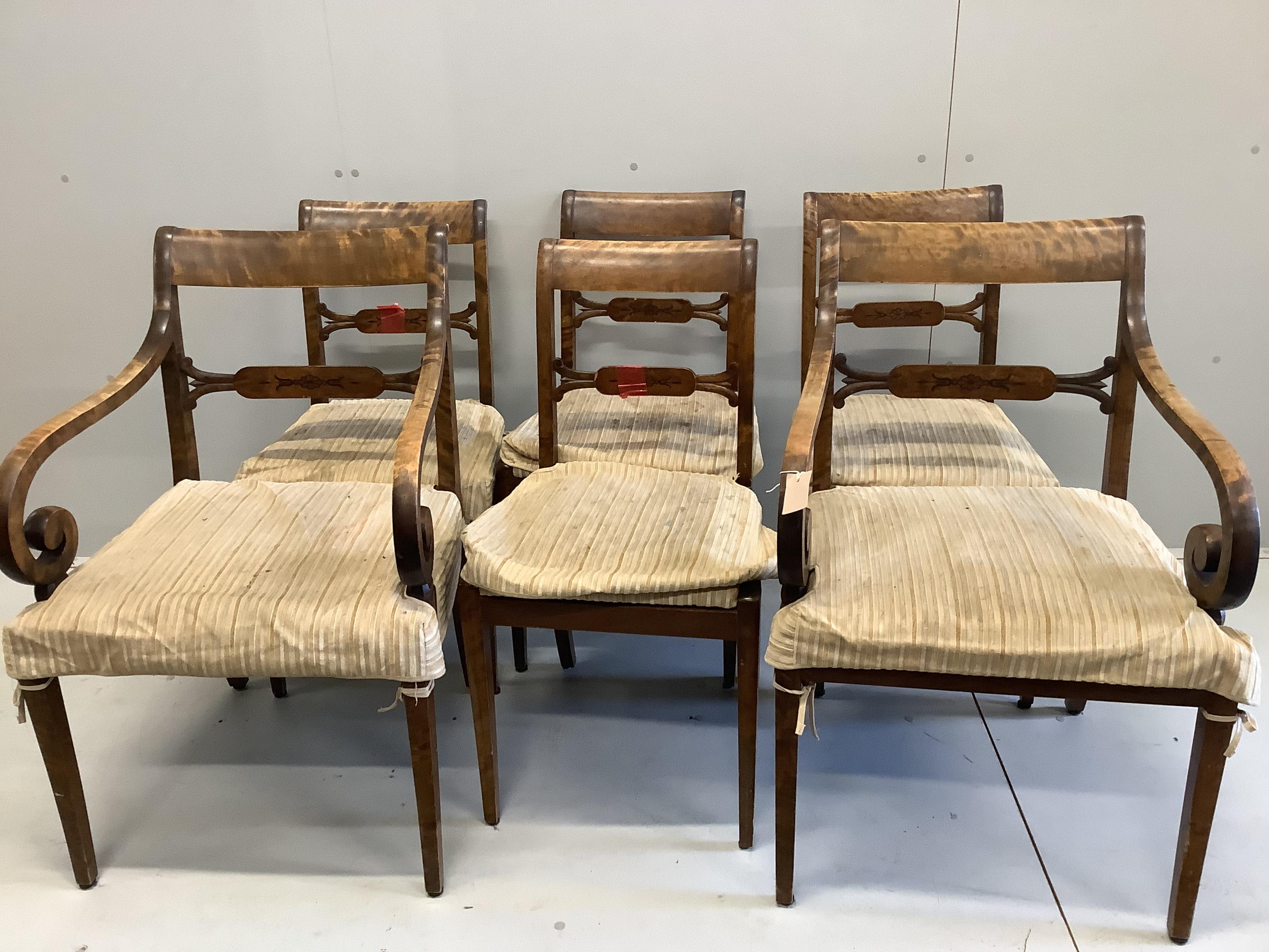 A set of six Biedermeier style inlaid maple dining chairs (two with arms)